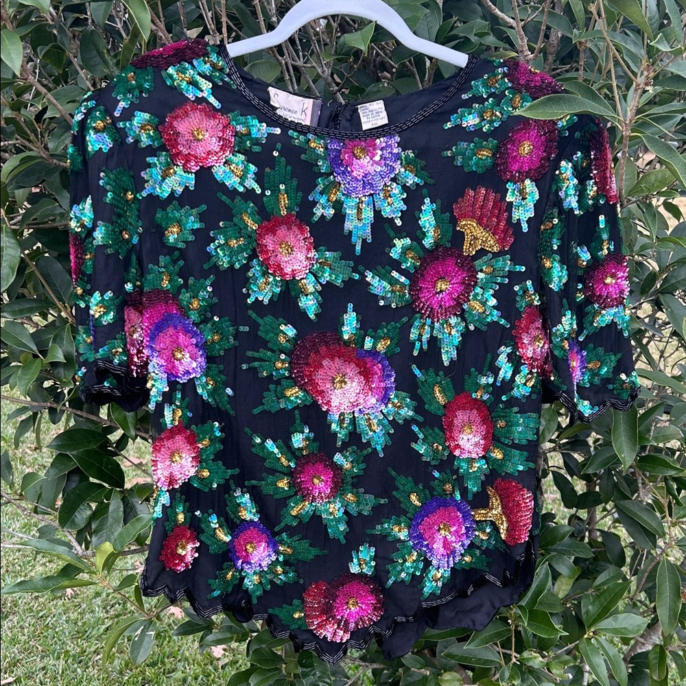 👑 MARDI GRAS! Vintage Lawrence Kazar Sequin and Silk Floral Top